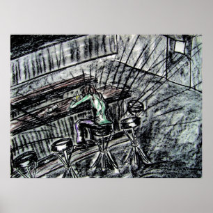 Póster Beer y barra vacía Stools dibujo de carbón vegetal