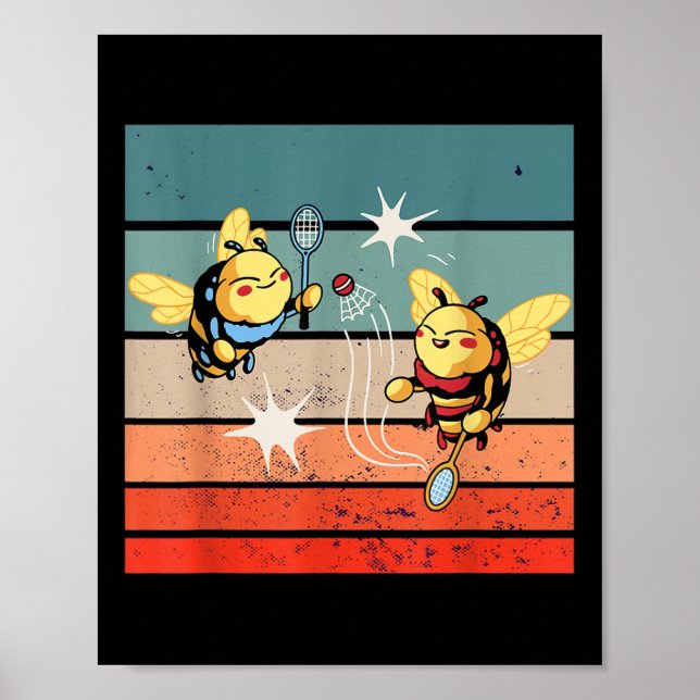 Póster Bees Badminton Dynamic Cartoonish Artwork Funny Pl (Frente)