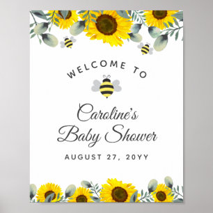 Póster Bees Sunflowers Eucalyptus Baby Shower Welcome