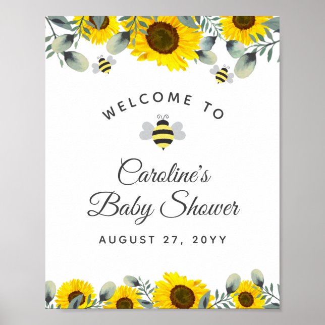 Póster Bees Sunflowers Eucalyptus Baby Shower Welcome (Frente)