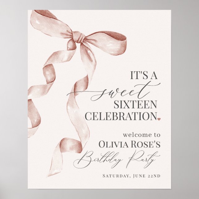 Póster Beige Bow Sweet Sixteen Birday Welcome Sign (Frente)