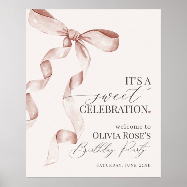 Póster Beige Coquette Bow Signo de bienvenida a la fiesta (Frente)