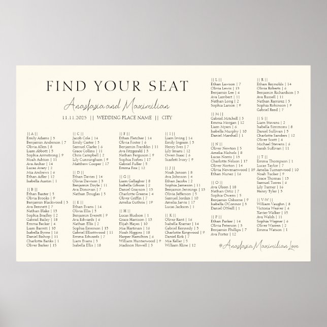 Póster Beige Minimal Wedding Alphabetical Seating Chart (Frente)