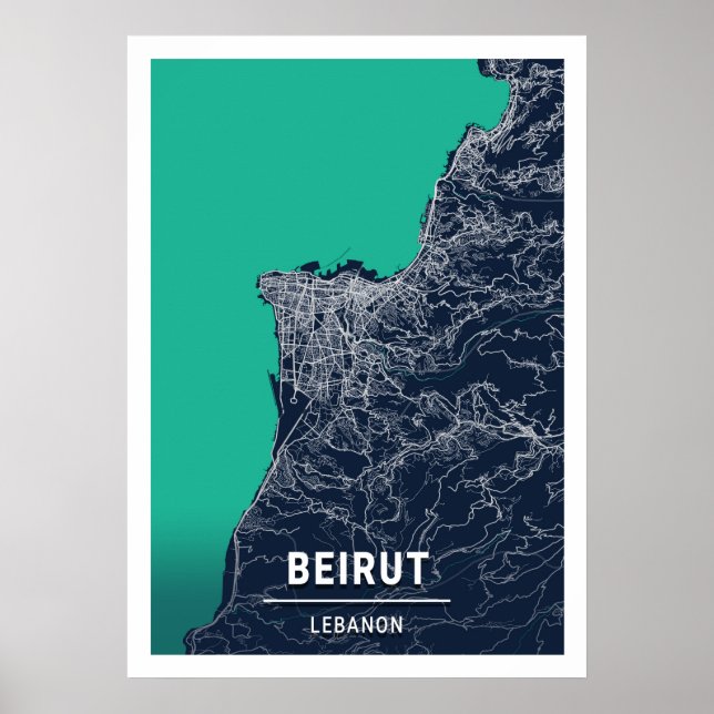 Póster Beirut - Líbano Mapa azul oscuro de la ciudad (Frente)