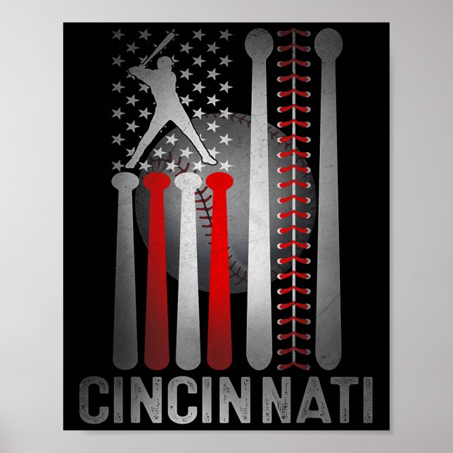 Póster Béisbol Cincinnati Retro Con Bandera Estadounidens (Frente)