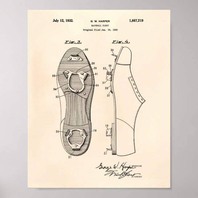Póster Béisbol Cleat 1928 Patent Art Old Peper (Frente)