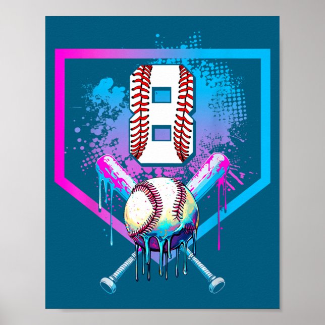 Póster Béisbol de niños Drip Cumpleaños 8 en casa (Frente)