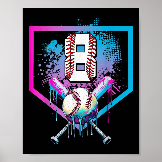 Póster Béisbol Drip 8Cumpleaños Hogar Niños Jóvenes 8 (Frente)