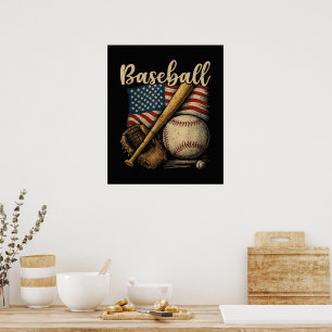 Póster Béisbol Patriótico Bandera Americana Deportes Vint
