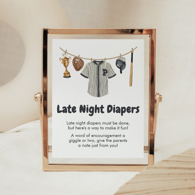 Póster Béisbol Pequeño Lluvia Tarde Noche (Baseball Little Slugger Clothesline Baby Shower Late Night Diapers Sign)