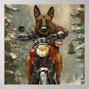 Póster Belga Malinoi Viaje en Motocicleta Navidad