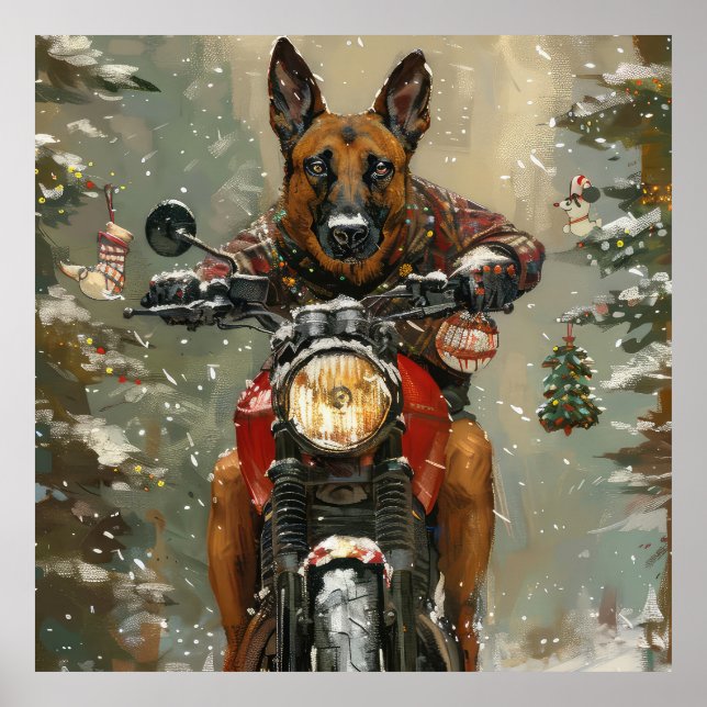 Póster Belga Malinoi Viaje en Motocicleta Navidad (Frente)