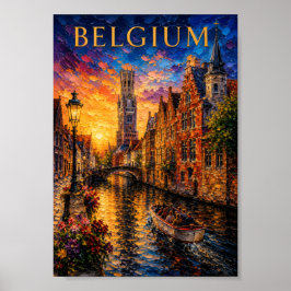 Póster Belgium: Romantic Sunset Bruges Canal Art Souvenir