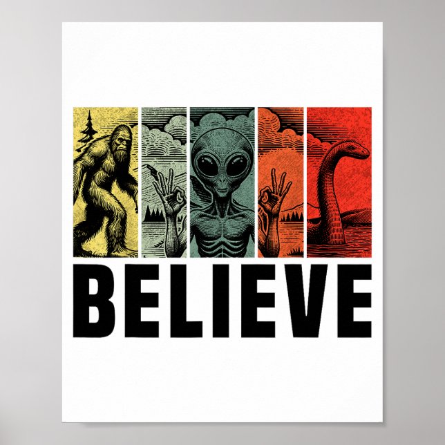 Póster Believe Bigfoot Alien Loch Ness Monster Funny Retr (Frente)