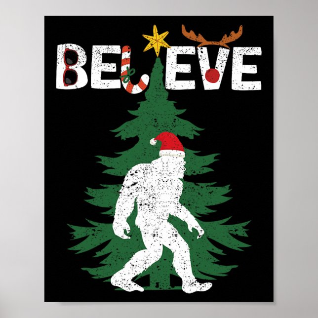 Póster Believe Bigfoot Sasquatch Yeti Santa Hat Navidades (Frente)