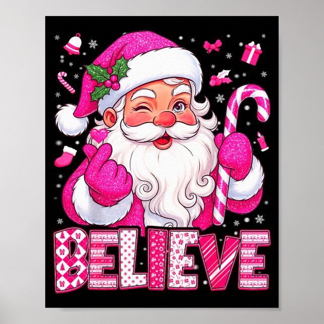 Póster Believe Cute Nk Santa Candy Cane Christmas Xmas Gi (Frente)