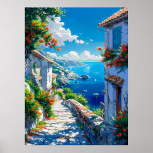 Póster Bella aldea costera en verano