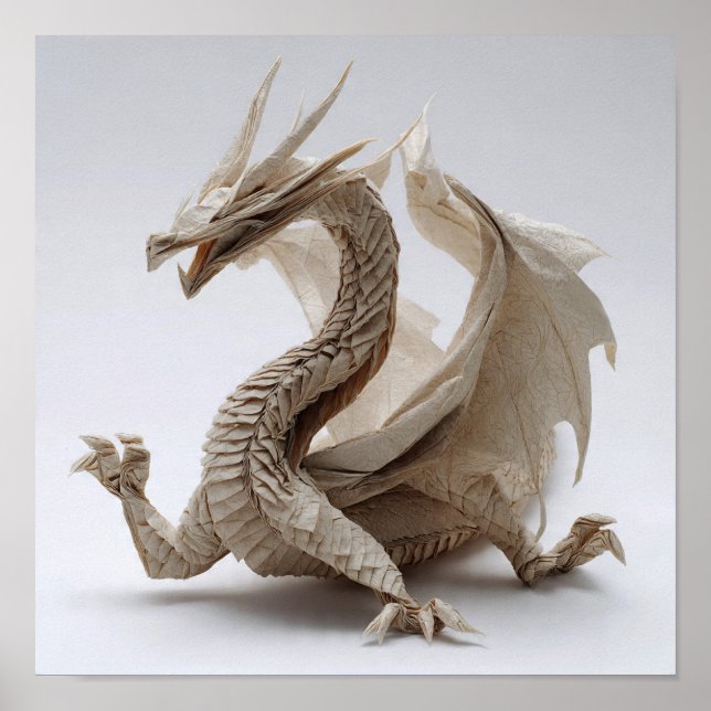 Póster Bella Artes del dragón de origami plegado complejo (Frente)