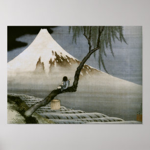 Póster Bella Artes japonés de Boy y Mount Fuji Hokusai