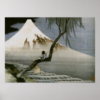 Póster Bella Artes japonés de Boy y Mount Fuji Hokusai