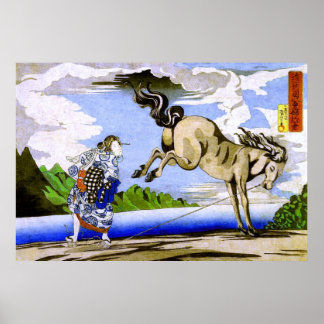 Póster Bella Artes japonés Woman & Horse Kuniyoshi