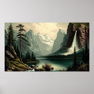 Póster Bella Artes Montañas Paisaje Vintage Lago Escenari