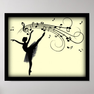 Póster Bella bailarina bailando con música amarilla