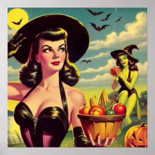 Póster Bella Bruja de Halloween Vintage Pin-up