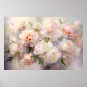 Póster Bella pintura en acuarela de peonías blancas y ros