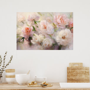 Póster Bella pintura en acuarela de peonías blancas y ros