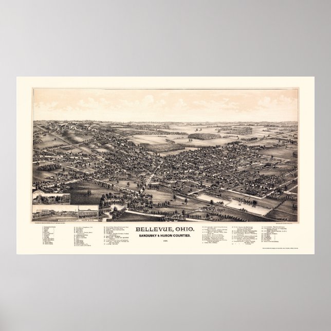 Póster Bellevue, OH Panoramic Map - 1888 (Frente)