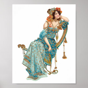 Póster Belleza Art Nouveau exótica en robos Verde azulado