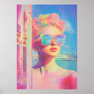Póster Belleza costera neón con gafas de sol