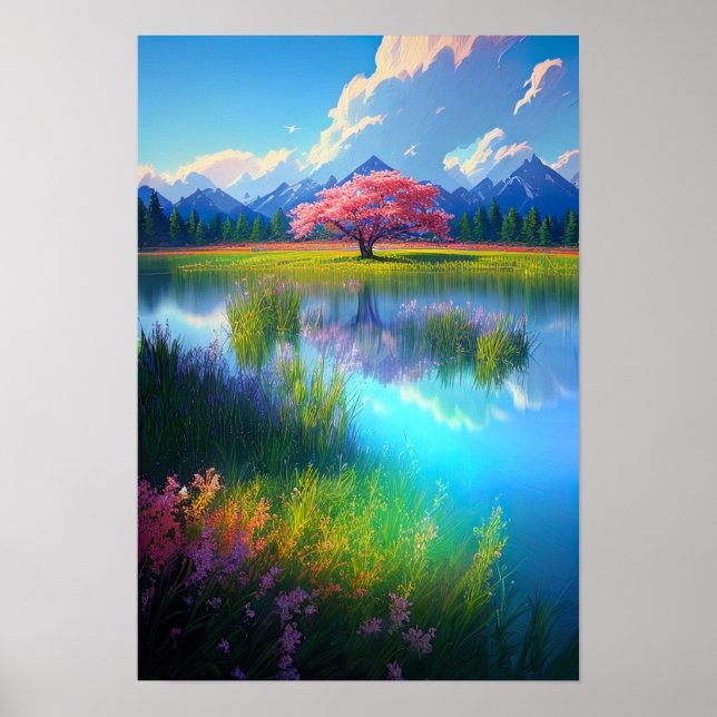 Póster Belleza de Crimson, árbol rojo cerca del lago Azur (Frente)
