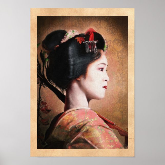 Póster Belleza de Geisha - pintura oriental japonesa fres (Frente)