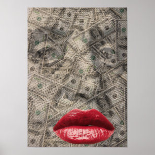 Póster Belleza del dinero Dólar gracioso con labios rojos