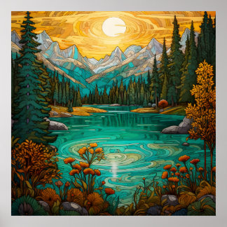 Póster Belleza del Lago Alpino Sunset con Montaña Foresta