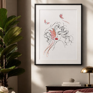 Póster Belleza en Vuelo Mujer Abstracta y Mariposas