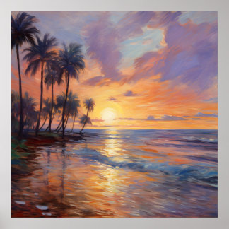 Póster Belleza impresionista: playa, palmeras y atardecer