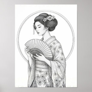 Póster Belleza Japonesa con Abanico Plegable