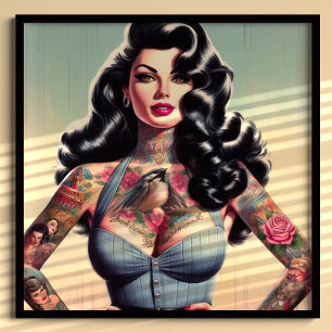 Póster Belleza retro Tattooed Pin up