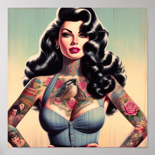 Póster Belleza retro Tattooed Pin up (Frente)