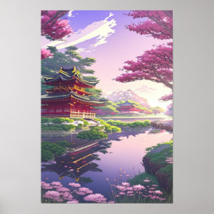 Póster Belleza serena, templo japonés junto al río tranqu