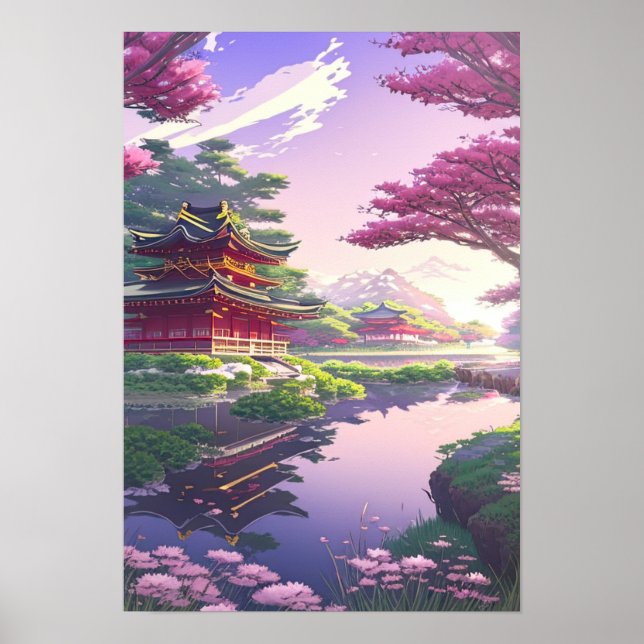 Póster Belleza serena, templo japonés junto al río tranqu (Frente)