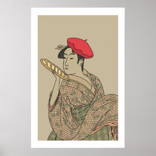 Póster Belleza Ukiyo-e con boina y baguette francesas
