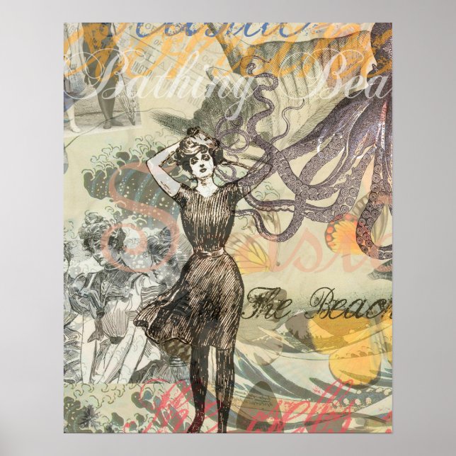 Póster Belleza victoriana de baño Kraken surrealismo vint (Frente)