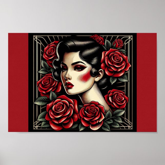 Póster Belleza vintage: Reina Rosa Art Deco (Frente)