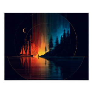 Póster Belleza y terror, barcos, luna y luces del norte