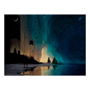Póster Belleza y terror, barcos, luna y luces del norte