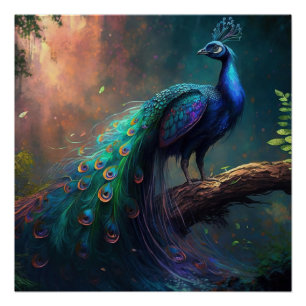 Póster Bello y místico pavo real azul en bosque